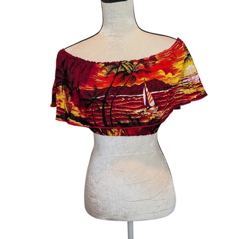 NWT Just From Bali One Size Cropped Off Shoulder Tropical Top Beach Red Orange